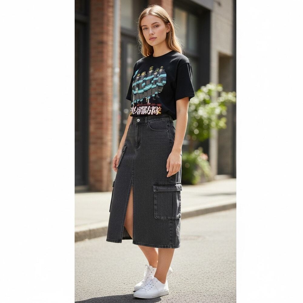 Faded Black Denim Cargo Skirt Womens XL Midi Y2K Utility Pockets Slit